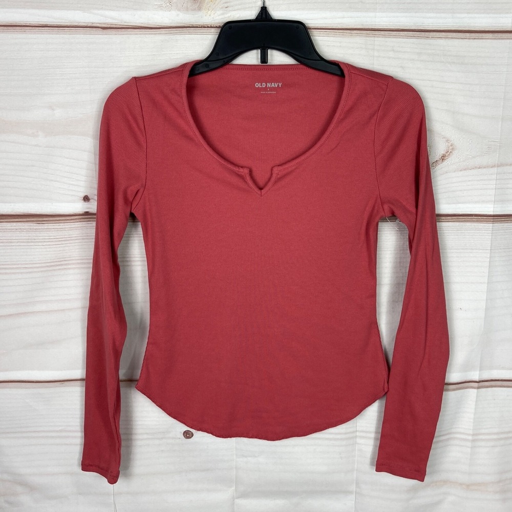 Old‎ Navy Top Womens S Pink Long Sleeve T-Shirt Ribbed Knit Scoop Neck Slim Fit